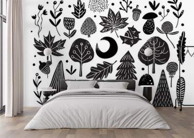 Big set with hand drawn linocut wild flowers, trees, leaves and mushrooms. Isolated on white background vector illustration Wall mural