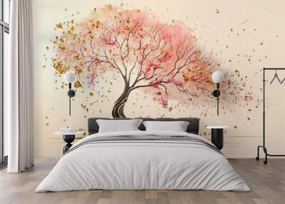 Blossom sakura tree with falling petals pastel pink and gold colors, watercolor, alcohol ink technic illustration Wall mural