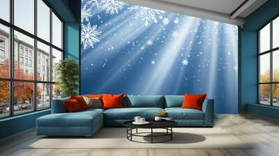 Blue background with white snowflakes and rays of light. Space for text. Winter season, holiday celebration. background for the design Wall mural