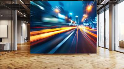 Blurred car lights in high speed urban night traffic on illuminated city highway at motion Wall mural