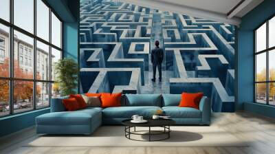 Businessman standing in maze searching for solution, problems and solutions concept Wall mural