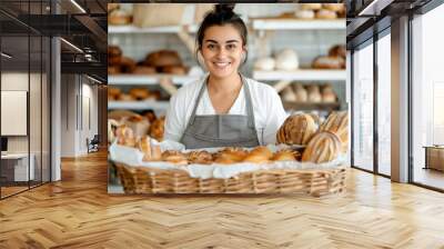 Cheerful female assistant choosing freshly baked rolls in a bakery with a bright white background Wall mural