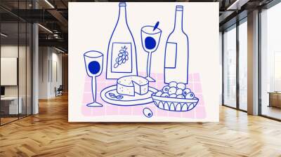 Cheese, wine and olives sketch, hand drawn illustration. Eating outside, outdoor dinner, picnic invitation. Wall mural