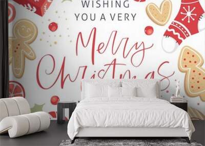 Christmas flat lay design with gift boxes, gingerbread cookies, candys, sock, berries and hand drawn lettering. Isolated on white background. Wall mural