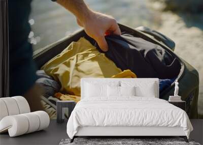 Close up shot of man s hands preparing and packing travel suitcase for vacation trip Wall mural