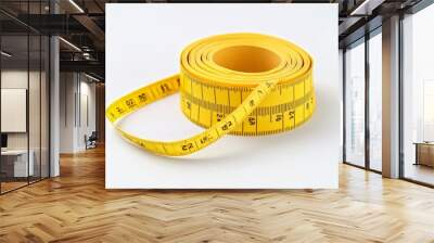 Conceptual photography of measuring tape symbolizing weight gain and dieting on light background Wall mural