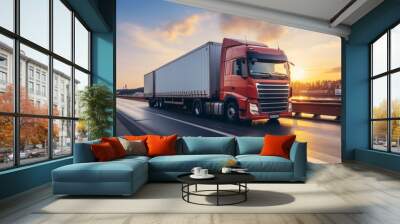 Container truck in ship port for cargo transportation, working crane bridge, import export logistics Wall mural