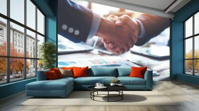 Corporate partnership handshake symbolizing business merger, finance background, successful teamwork Wall mural