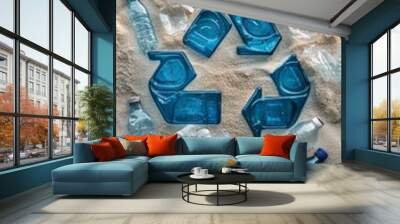 Creative photography of recycling symbol constructed from plastic bottles and waste materials Wall mural