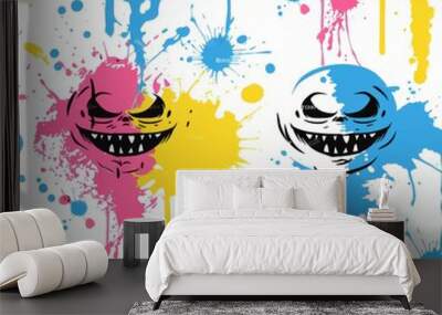 Cute zombie faces halloween background in pink, blue, yellow for design and print Wall mural