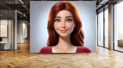 A 3D cartoon character, a friendly young woman wiht long red hair smiles warmly, exuding positive energy Wall mural