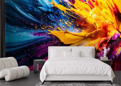 Abstract art with swirling blue, yellow, and red. Wall mural