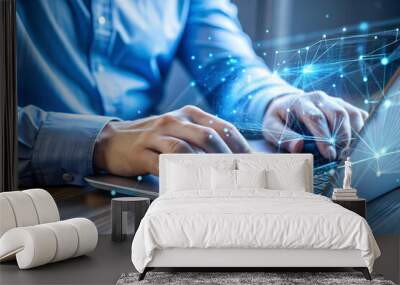 Closeup of hands typing on a keyboard with a futuristic hologram screen. Concept of software development Wall mural