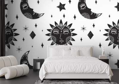 Decorative seamless pattern with sun and moon. Trendy vector illustration. Wall mural