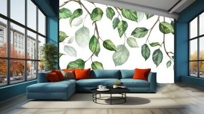 Long seamless banner with hanging ivy creeper plant. Watercolor hand painted realistic green leaves on branches.  Wall mural