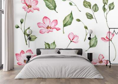 Set of hand painted watercolor rose flowers and leaves Wall mural