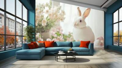 Easter bunny surrounded by blooming spring flowers in a charming photography shot Wall mural