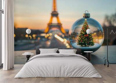 Eiffel tower reflected in a christmas ornament  celebrating new year s eve in paris, france Wall mural