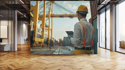 Engineer inspects tablet at logistics dock in shipyard with crane for import export logistics Wall mural