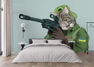 Ukranian cat sniper with a gun. Comics cartoon style. Wall mural