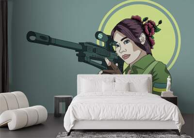 Ukranian woman sniper with a gun, wearing poppy wreath. Comics cartoon style. Wall mural