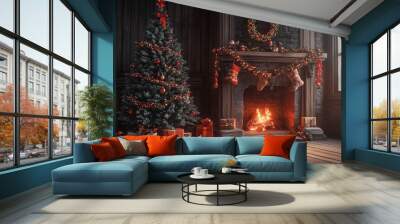 Festive christmas tree with gifts and garland on a wooden table by a cozy fireplace setting Wall mural