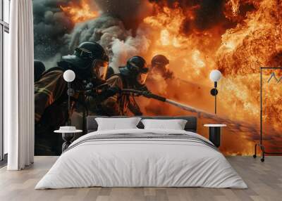 Firefighters team extinguishing intense flames in high quality emergency response stock photo Wall mural