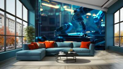 Futuristic robotic arms in high tech factory with cinematic blue lighting and advanced technology Wall mural