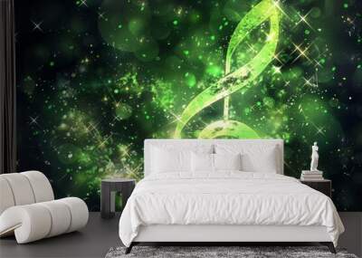 Green glowing music note among stars on black background with sparkling green decor Wall mural