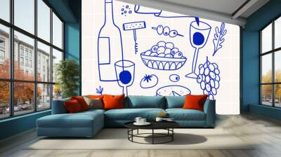 Hand drawn composition with food, snacks, drinks. Eating outside, outdoor dinner, picnic invitation. Wall mural