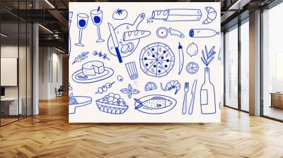 Hand drawn different mediterranean food set Wall mural