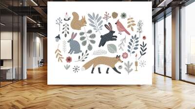 Hand drawn Scandinavian style forest animals and plants. Isolated vector illustration clip art Wall mural