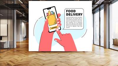 Hand holding mobile smart phone with food delivery service mobile application. Order grocery online. Fast delivery. Supermarket online shopping. Wall mural