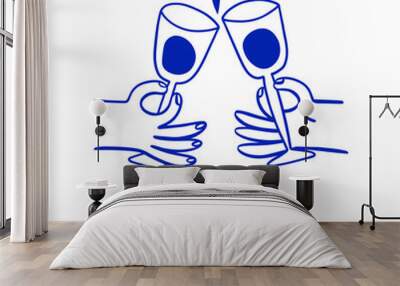 Hands holding wine glasses. Illustration in hand drawn style. Wall mural