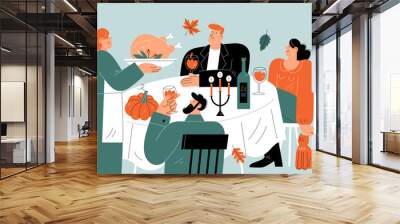 Happy people celebrating Thanksgiving.  Wall mural