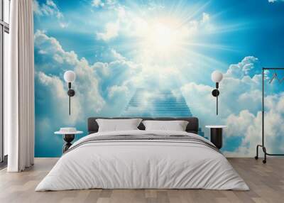 Heavenly stairs ascending to the sky, bathed in sunlight and surrounded by ethereal clouds Wall mural