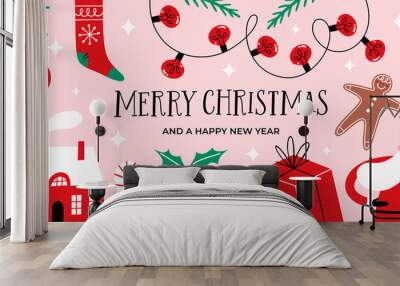 Horizontal Christmas banner with Traditional Christmas elements.  Wall mural