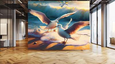 seagulls swooping across sun-drenched shore, looking for their next meal, created with generative ai Wall mural