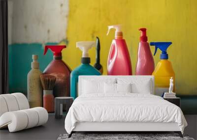 Household chemicals warning  toxic bottles, cleaning tools in room, blank space for text Wall mural