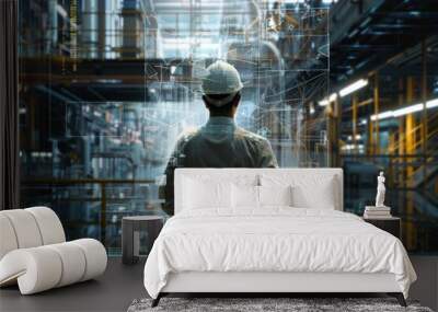 Industrial engineer in hard hat with digital factory overlay in modern production plant Wall mural