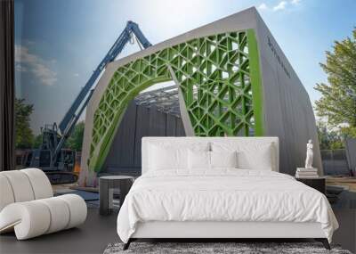 Innovative 3d printed concrete wall construction with a large green and grey printer on a sunny day Wall mural