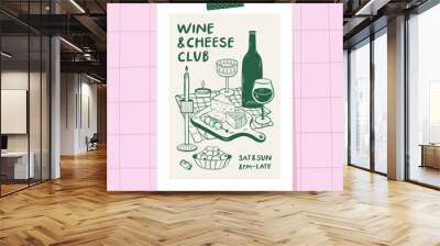 Kitchen Wall art. Invitation for wine and cheese party. Wine tasting concept. Wall mural