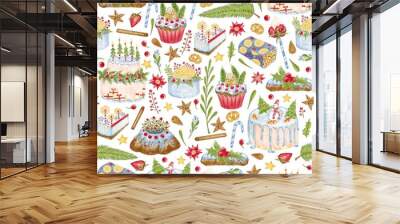 Christmas seamless pattern with holiday pastry, cakes, cookies, muffins Wall mural