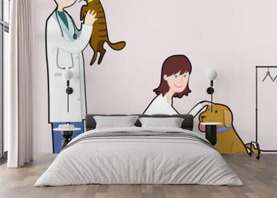 Veterinarians play with pets Wall mural