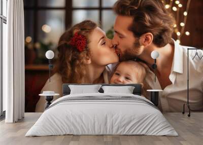 Loving mother and father kissing their baby Wall mural