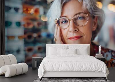 A old smiling woman tries on glasses in front of a showcase of various eyeglass frames in an optometry shop. A senior lady is into eyewear selection, her vibrant personality and unique preferences Wall mural