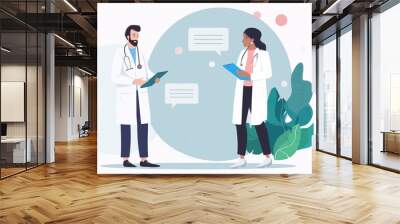 Cartoon Consultation: Two Doctors Strategize Patient Care in Hospital Setting, Medical Staff Communicate on Professional Topics with Expert Precision Wall mural