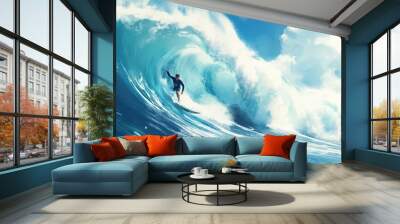 extreme surfing activities. a man on a surfboard harnessed a huge wave in the ocean and enjoys applying his skills to real life Wall mural