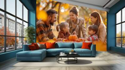 Friends and family with children gather outdoors for a cozy thanksgiving meal, surrounded by autumn colors and warm sunlight Wall mural