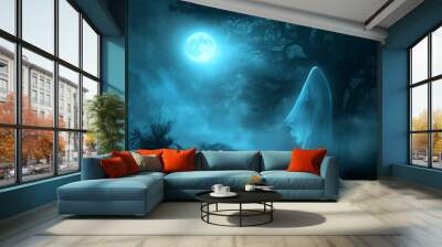 Ghost is standing on a path in a forest at night, with a full moon in the background, creating a spooky and atmospheric scene Wall mural